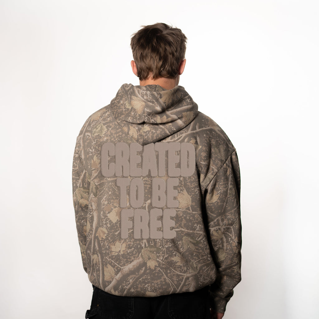 "CREATED TO BE FREE" HOODIE - CAMO/TAN PUFF PRINT